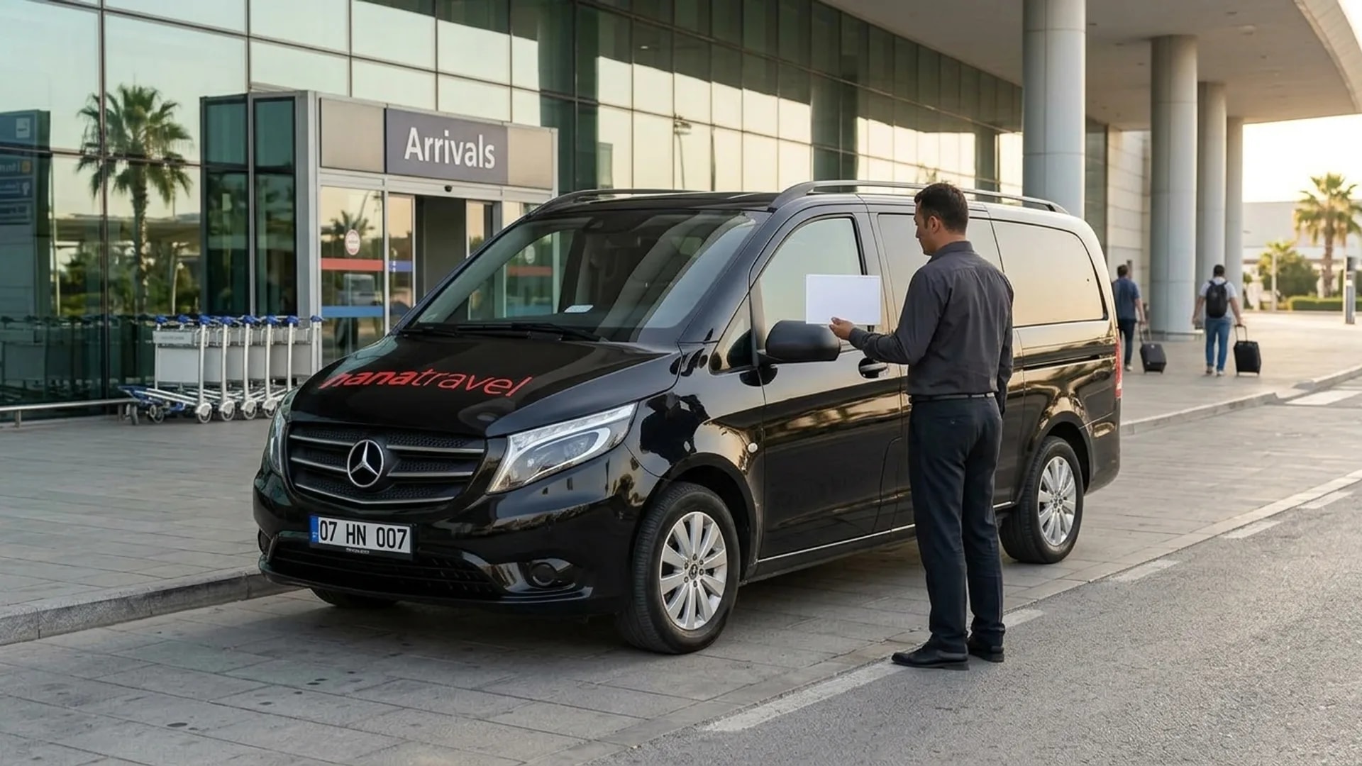 Ihr Name steht schon auf dem Schild, bevor Sie landen Fahrer von Hana Travel mit Namensschild neben dem schwarzen Vito vor der Ankunftshalle am Flughafen Antalya – Flughafentransfer nach Kemer