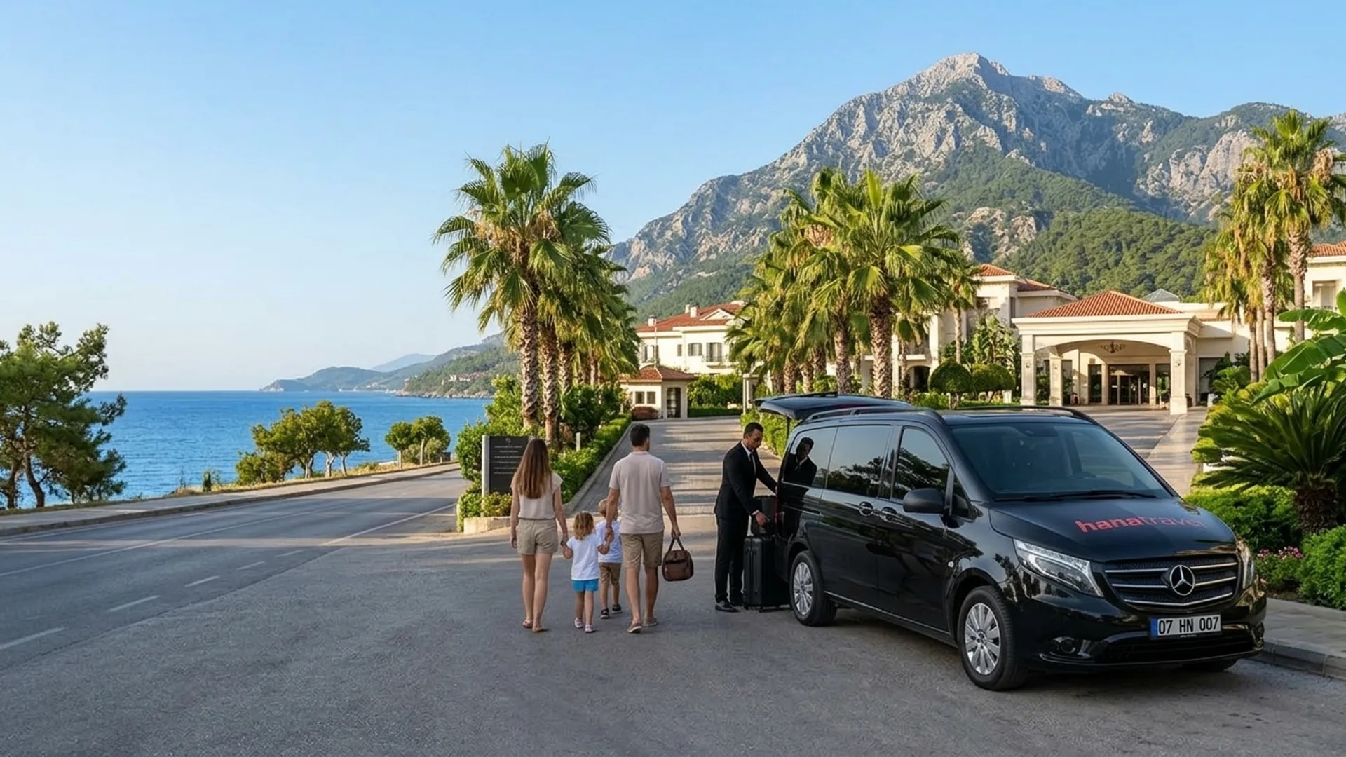 Koffer raus, Familie rein Fahrer hebt Koffer aus dem schwarzen Hana Travel Vito, während eine Familie unter Palmen ein Resort in Tekirova betritt, dahinter der Tahtalı – Transfer nach Tekirova